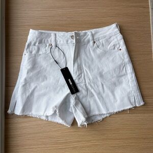 White High-Waist Distressed Denim Shorts
